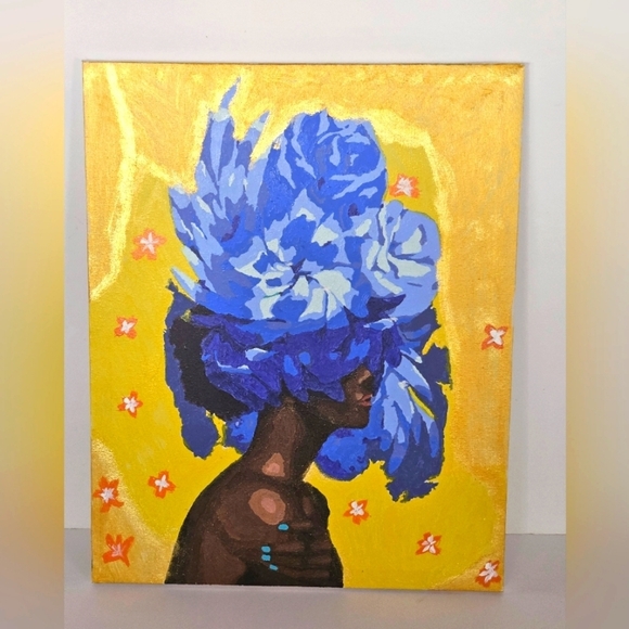 Hand Crafted Other - Hand Crafted Handpainted Artwork Blue  Floral Canvas Wall Decor Handmade Flowers